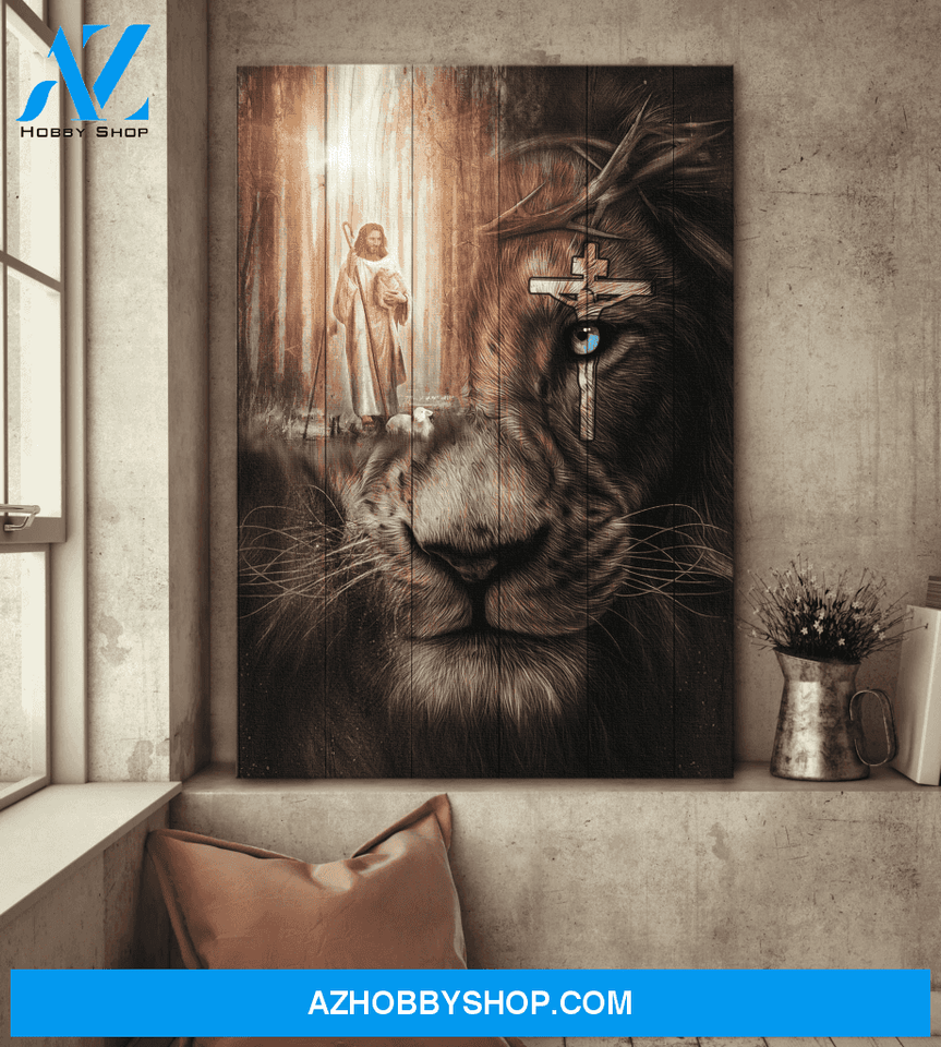 Jesus Portrait Canvas Wall Art - God Wall Art - Jesus - Awesome Lion And Cross On His Eye