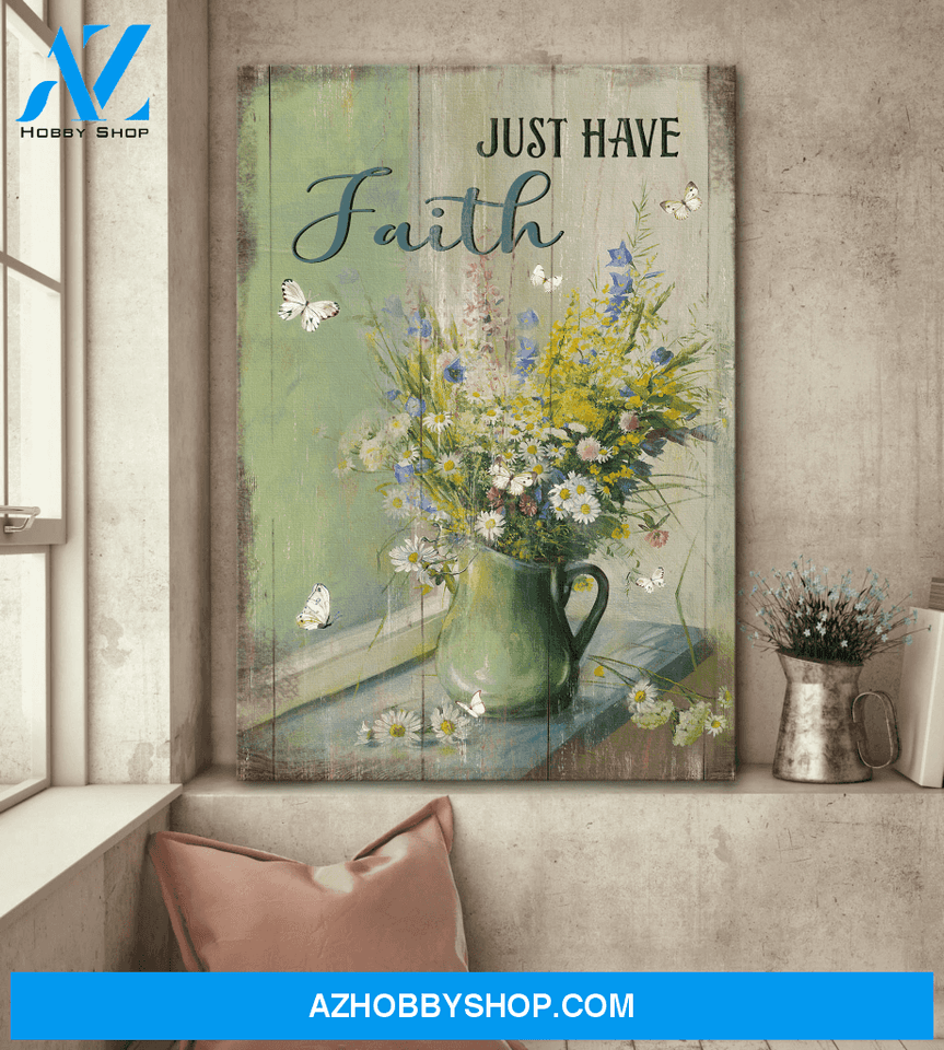 Jesus Portrait Canvas Wall Art - God Wall Art - Jesus, Butterfly, Daisy, Purple Flower In Vase - Just Have Faith