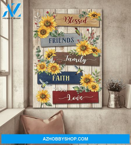 Jesus Portrait Canvas Wall Art - God Wall Art - Jesus - Sunflower And Hummingbird - Blessed, Friends, Family, Faith, Love