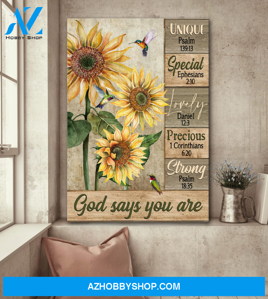 Jesus Portrait Canvas Wall Art - God Wall Art - Jesus - Sunflower, Hummingbird - God Says You Are Unique, Special
