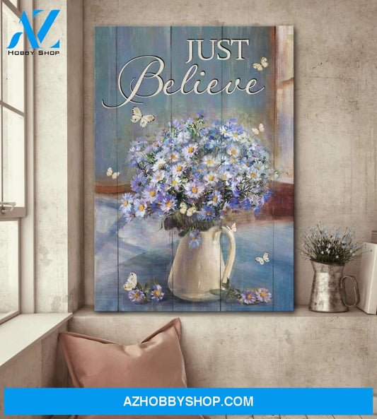 Jesus - Purple daisy - Just believe - Portrait Canvas Prints, Wall Art