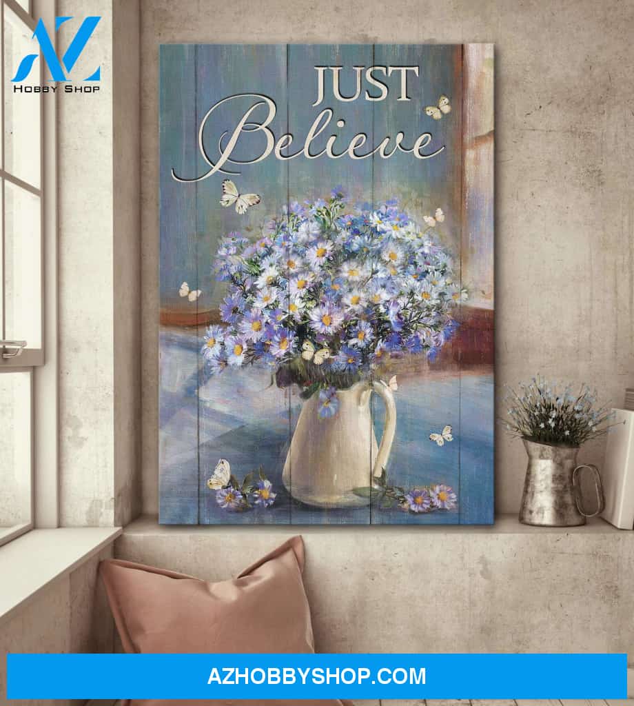 Jesus - Purple daisy - Just believe - Portrait Canvas Prints, Wall Art