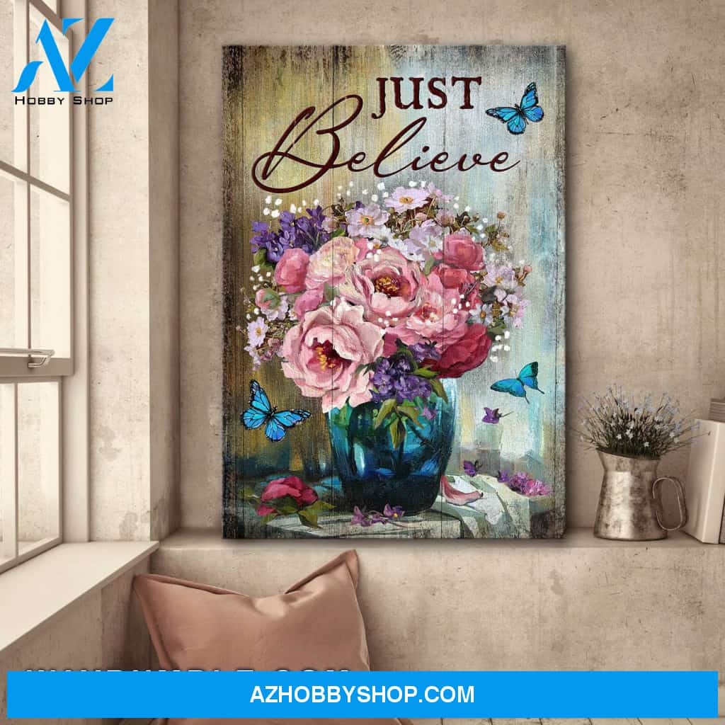 Jesus - Roses and Blue Butterfly - Just Breath - Portrait Canvas Prints, Wall Art