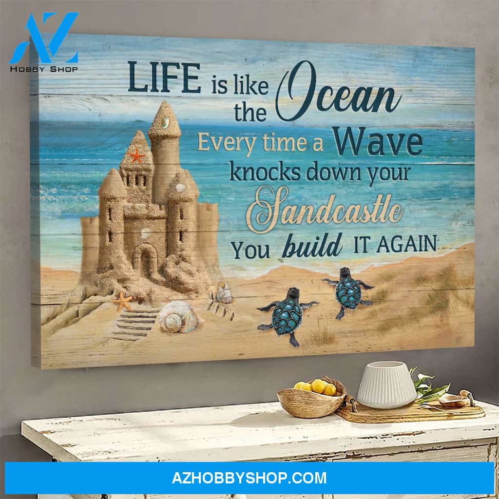 Jesus - Sandcastle with turtle - Life is like the ocean Landscape Canvas Prints, Wall Art