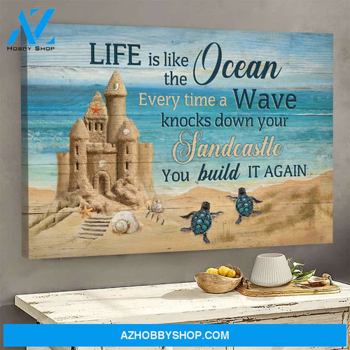 Jesus - Sandcastle with turtle - Life is like the ocean Landscape Canvas Prints, Wall Art
