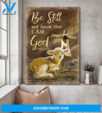 Jesus - Sheep and Cross - Be still and know that I am God - Portrait Canvas Prints, Wall Art
