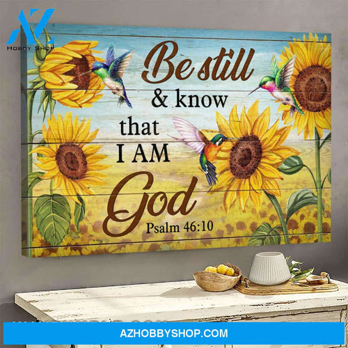 Jesus - Sunflower field and hummingbird - Be still & know that I am God - Landscape Canvas Prints - Wall Art