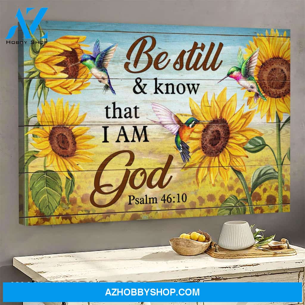 Jesus - Sunflower field and hummingbird - Be still & know that I am God - Landscape Canvas Prints - Wall Art