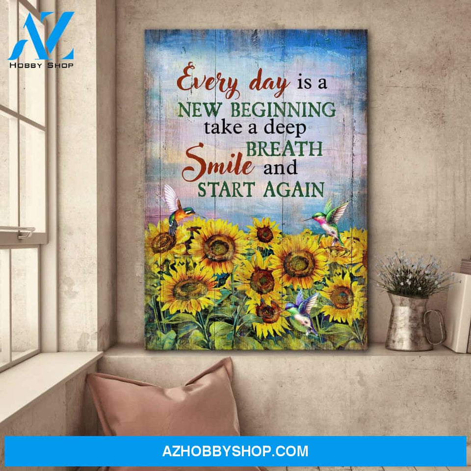 Jesus - Sunflower field and hummingbird - Every day is a new beginning - Portrait Canvas Prints, Wall Art