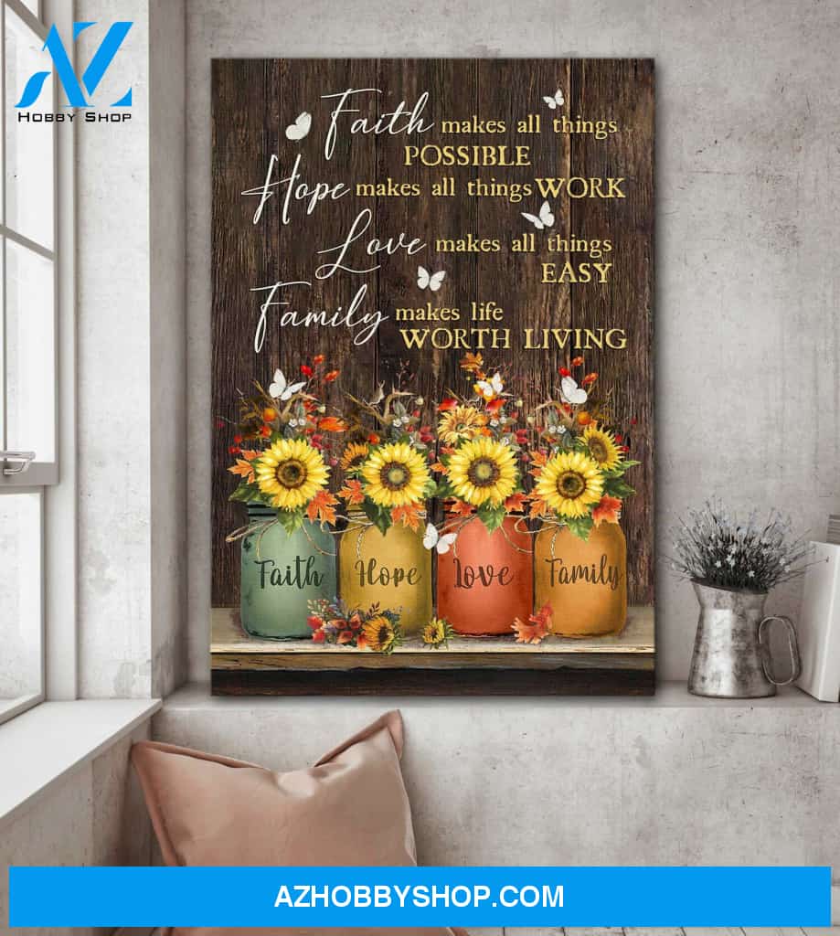 Jesus - Sunflower jar - Faith, hope, love, family - Portrait Canvas Prints, Wall Art