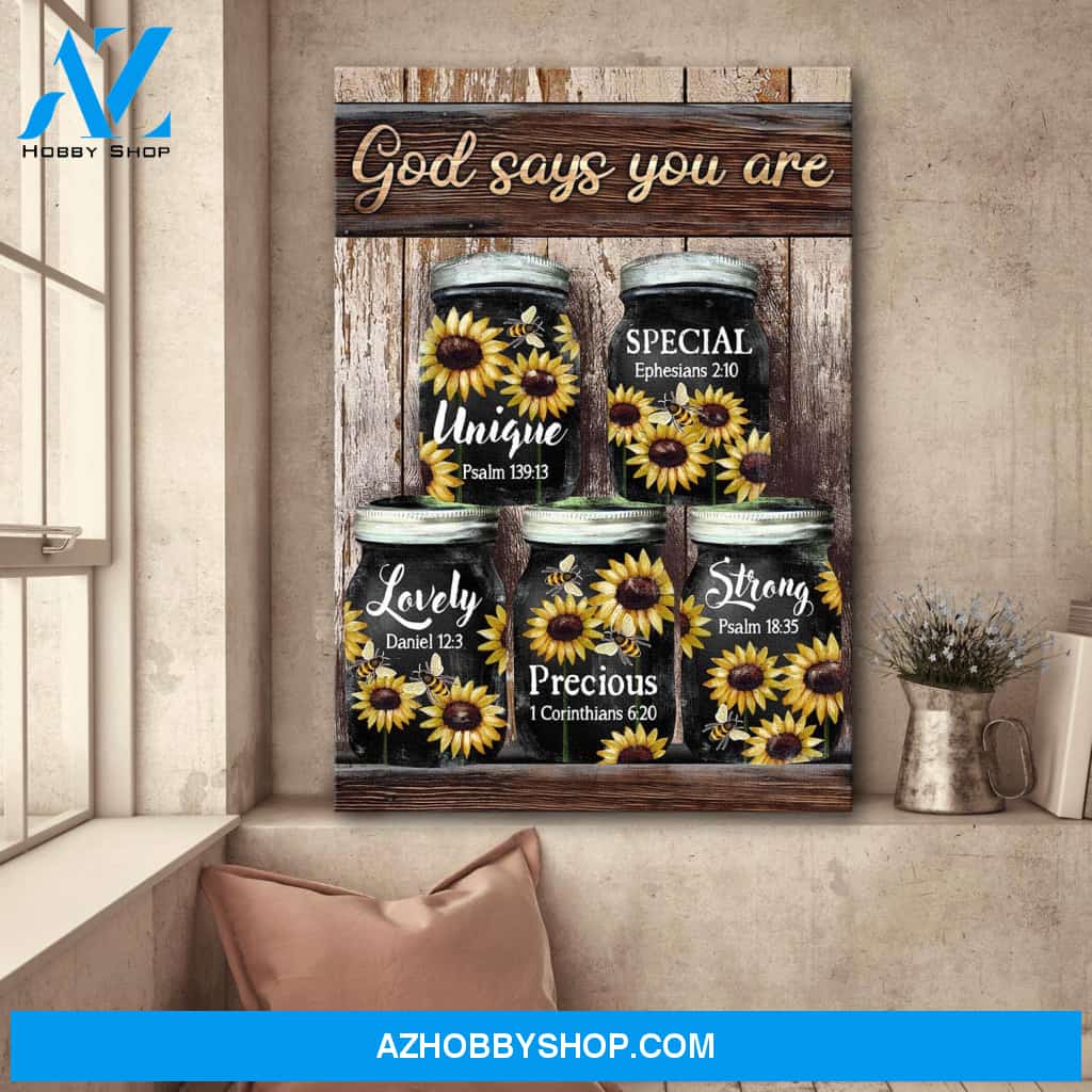 Jesus - Sunflower Jars - God says you are - Portrait Canvas Prints, Wall Art