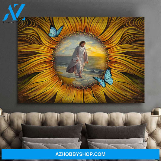 Jesus - Sunflower - Walking on the beach - Landscape Canvas Prints, Wall Art