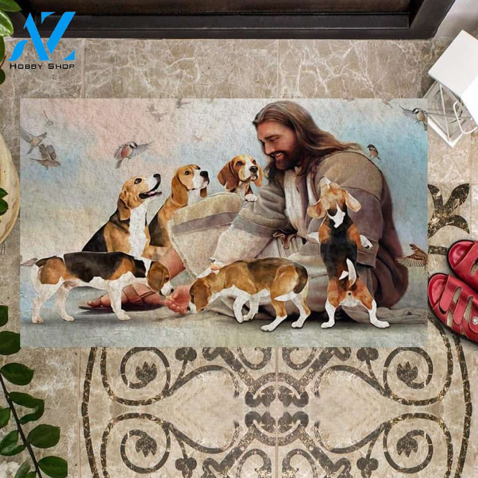 Jesus Surrounded By Beagles Doormat