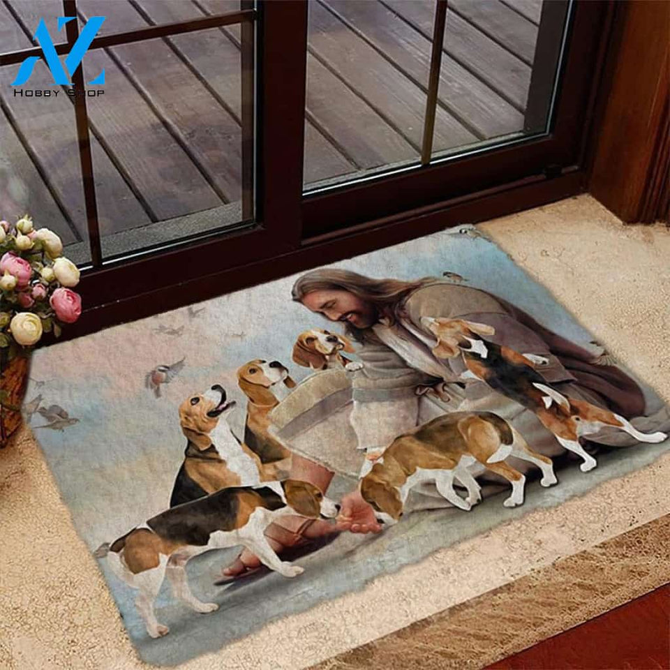 Jesus Surrounded By Beagles Doormat