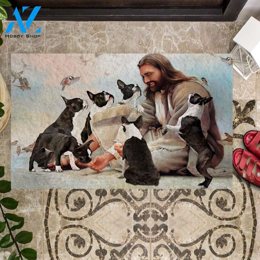 Jesus Surrounded By Boston Terriers Doormat