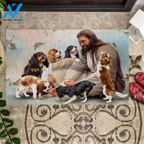 Jesus Surrounded By Cavalier King Charles Spaniels Doormat