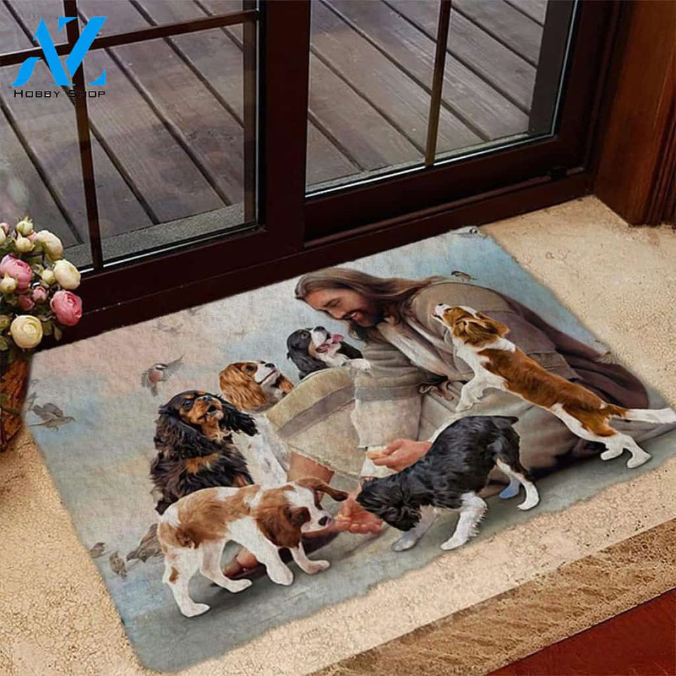 Jesus Surrounded By Cavalier King Charles Spaniels Doormat