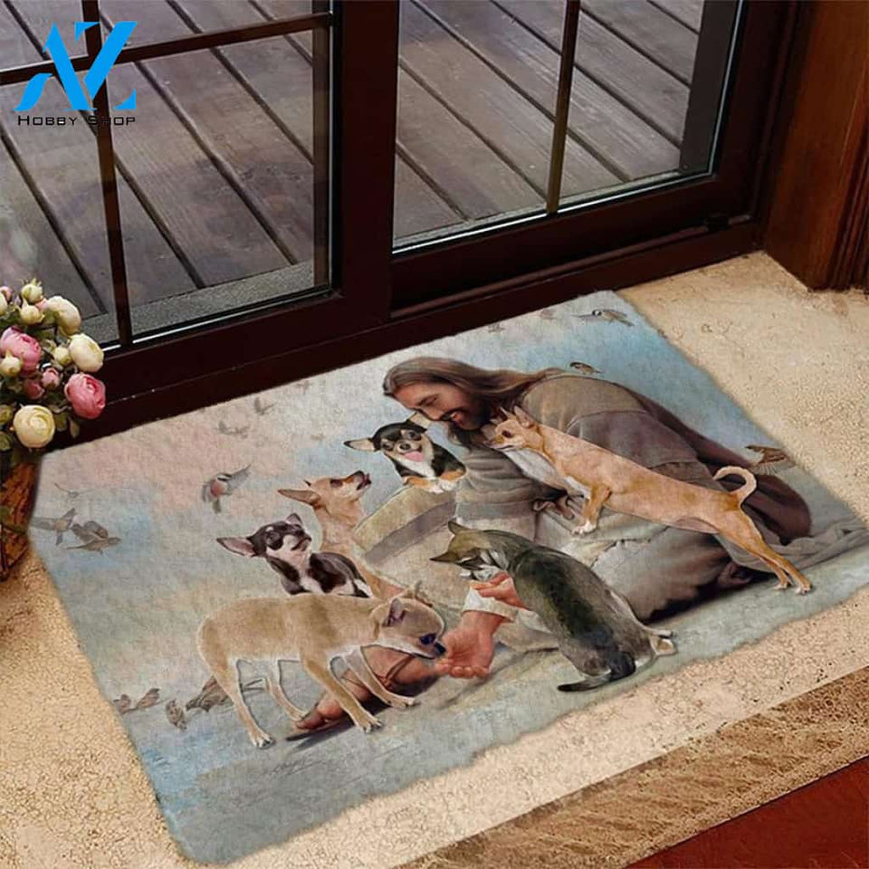 Jesus Surrounded By Chihuahuas Doormat