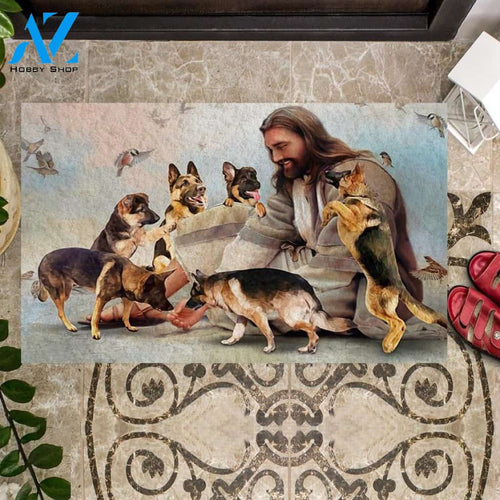 Jesus Surrounded By German Shepherds Doormat