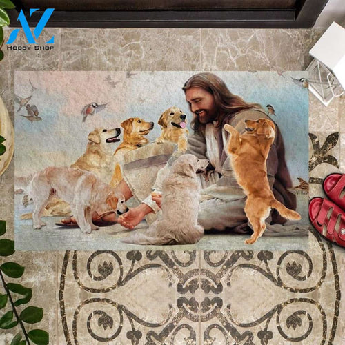 Jesus Surrounded By Golden Retrievers Doormat