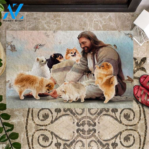 Jesus Surrounded By Pomeranians Doormat