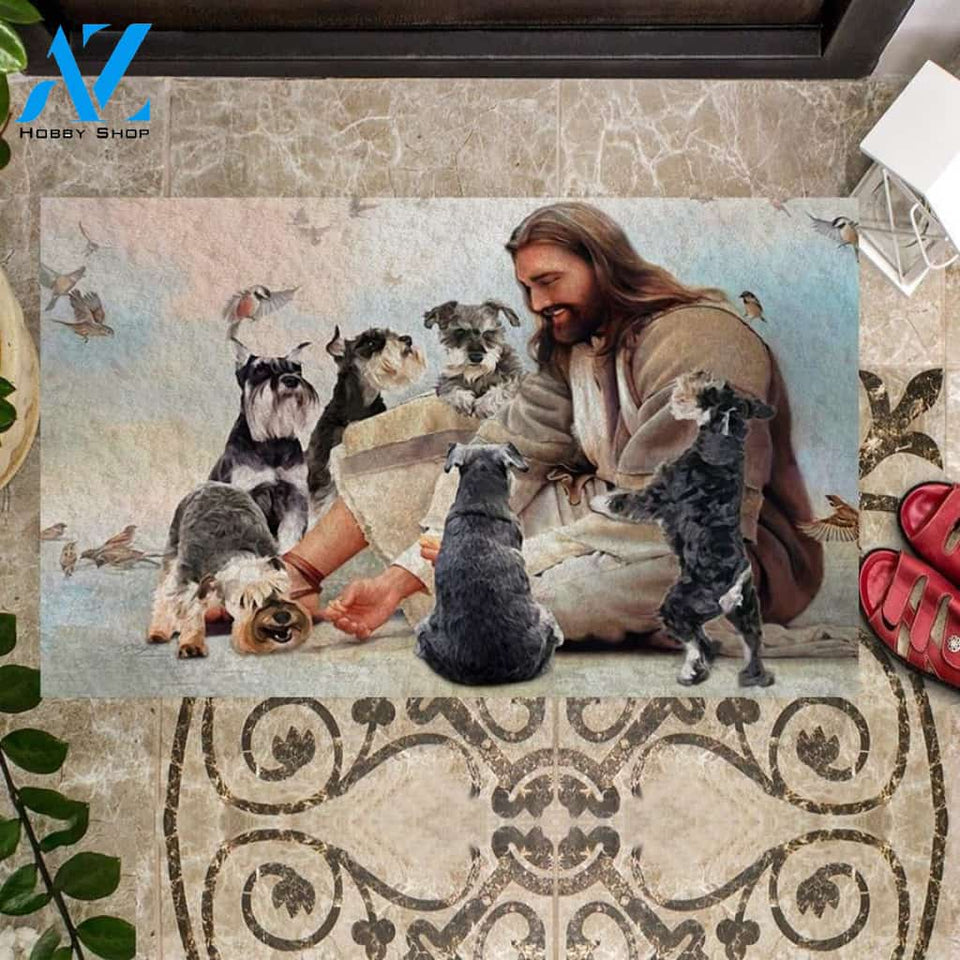 Jesus Surrounded By Schnauzers Doormat