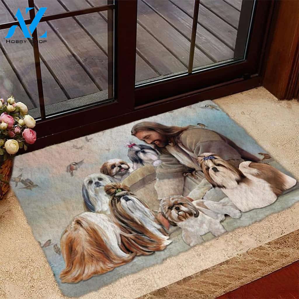 Jesus Surrounded By Shih Tzus Doormat