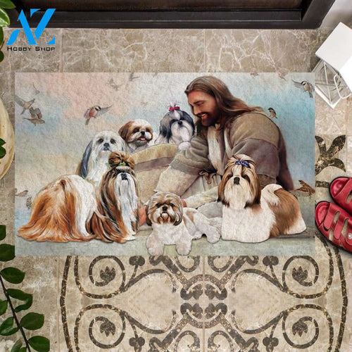 Jesus Surrounded By Shih Tzus Doormat