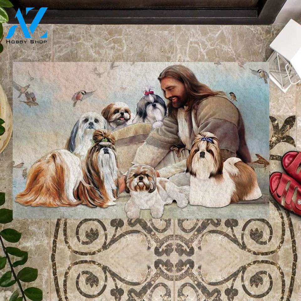 Jesus Surrounded By Shih Tzus Doormat
