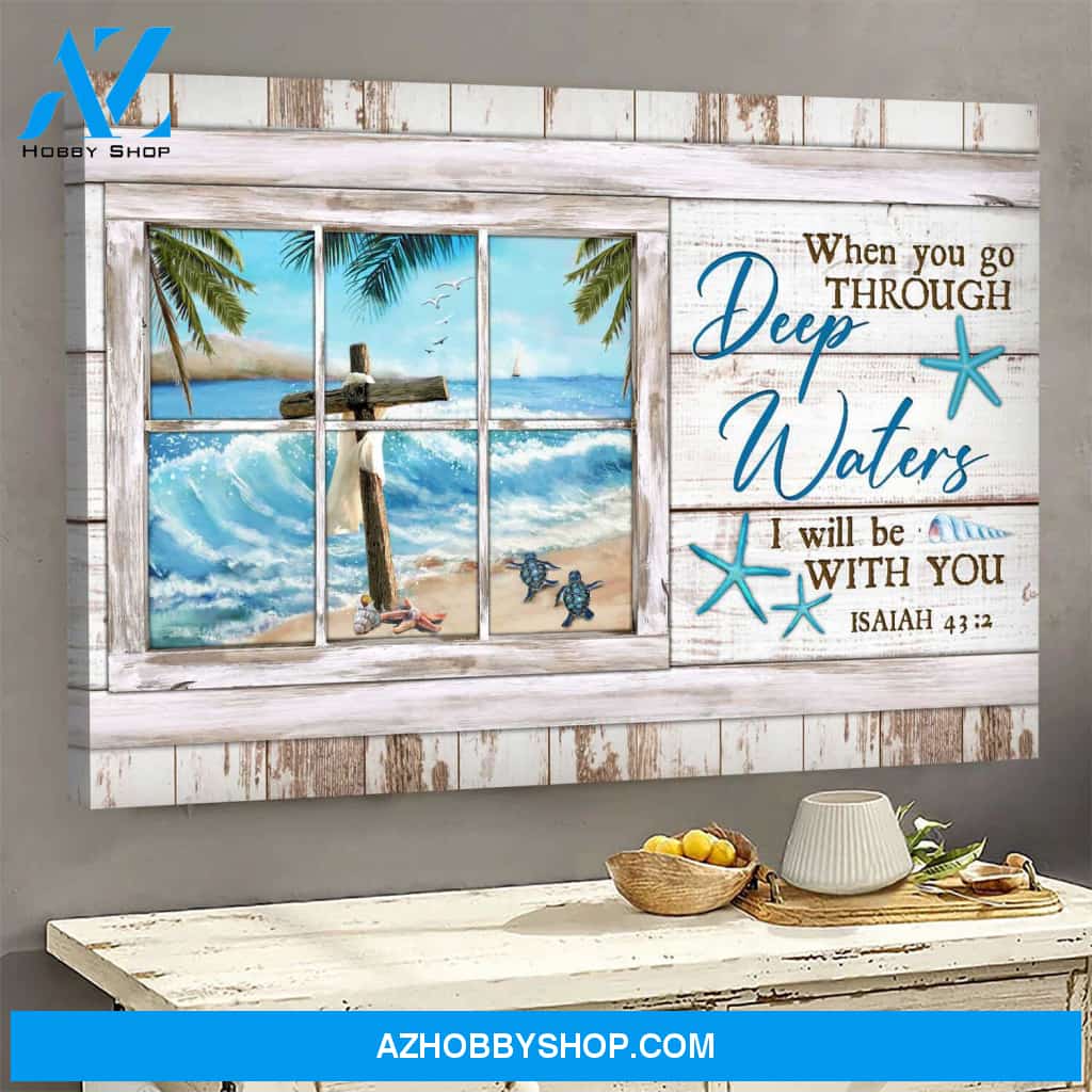Jesus - The cross and turtle on the beach - When you go through deep water, I will be with you - Landscape Canvas Prints, Wall Art