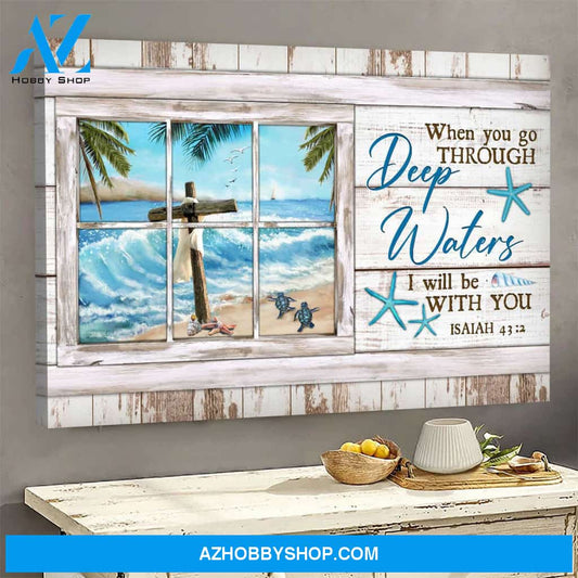 Jesus - The cross and turtle on the beach - When you go through deep water, I will be with you - Landscape Canvas Prints, Wall Art