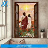 Jesus - The girl standing with Jesus on flower field - Portrait Canvas Prints, Wall Art