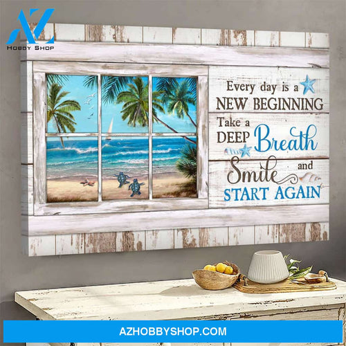 Jesus - Turtle with beach landscape - Everyday is a new beginning - Landscape Canvas Prints, Wall Art