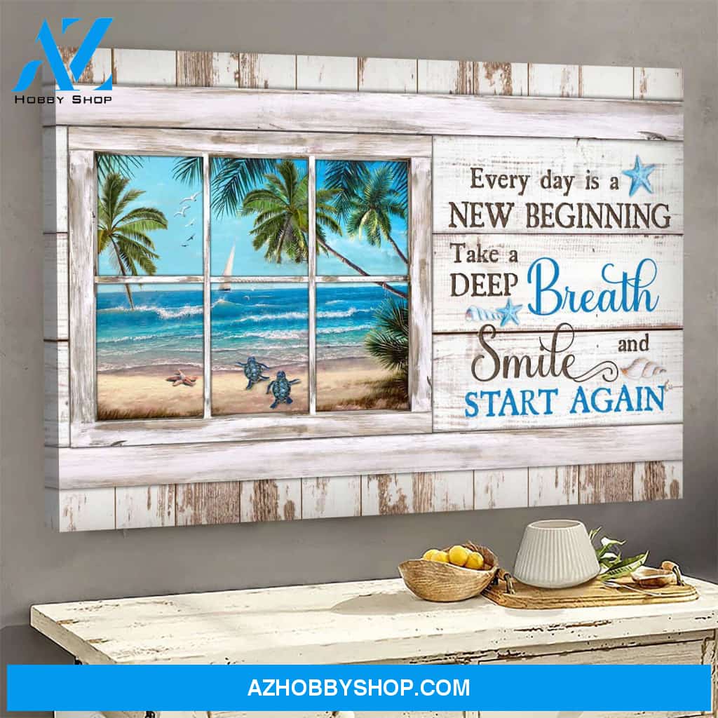 Jesus - Turtle with beach landscape - Everyday is a new beginning - Landscape Canvas Prints, Wall Art