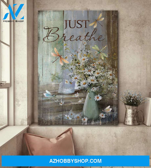 Jesus - Vintage daisy vase with dragonfly - Just breathe - Portrait Canvas Prints, Wall Art
