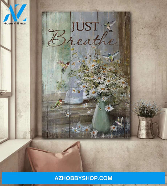 Jesus - Vintage daisy vase with hummingbird - Just breathe - Portrait Canvas Prints, Wall Art