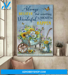 Jesus - Wheelbarrow with flowers - Always believe that something wonderful is about to happen - Portrait Canvas Prints, Wall Art