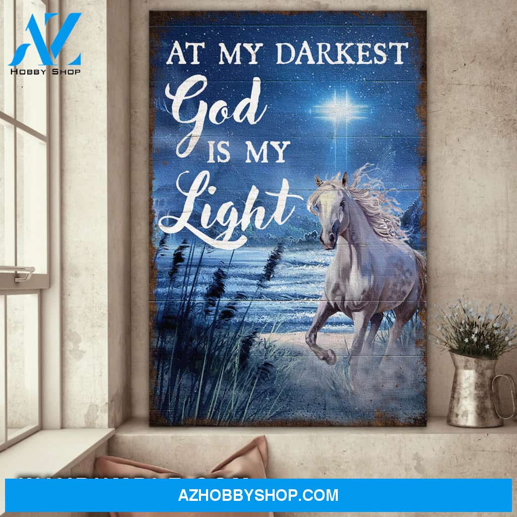 Jesus - White horse - At my darkest, God is my light - Portrait Canvas Prints, Wall Art