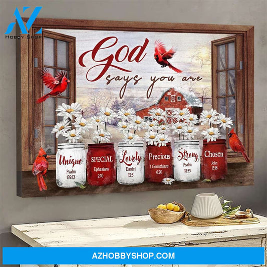 Jesus - Window Frame - Cardinal And Daisy - God Says You Are - Landscape Canvas Print - Wall Decor Visual Art