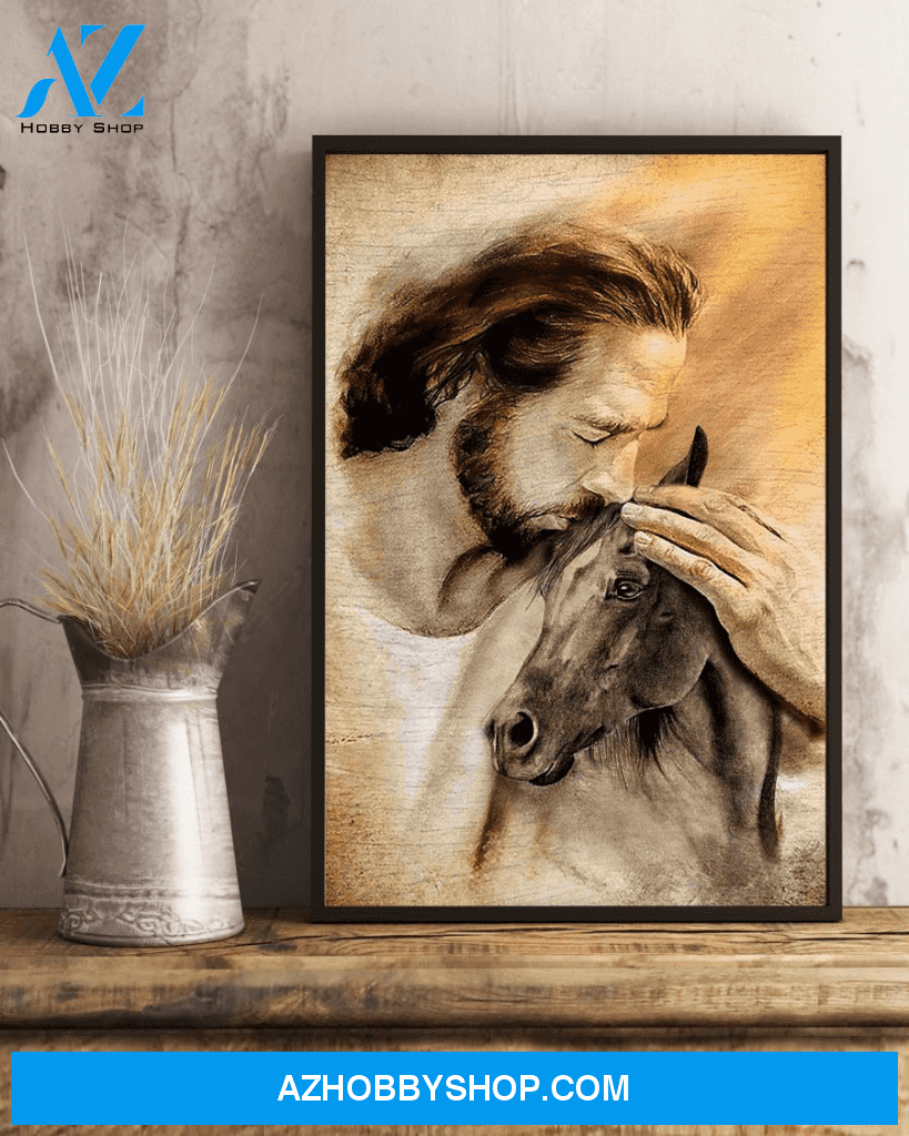 Jesus With Lovely Horse Canvas Wall Art | For Horse Lover Canvas | God Kiss On Horse Painting Print Art Canvas