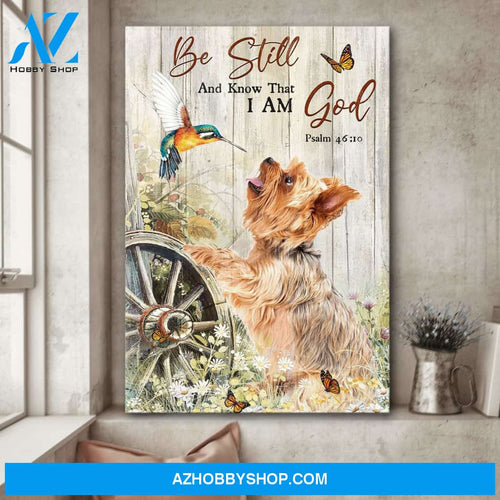 Jesus - Yorkshire Terrier and hummingbird - Be still and know that I am God - Portrait Canvas Prints, Wall Art