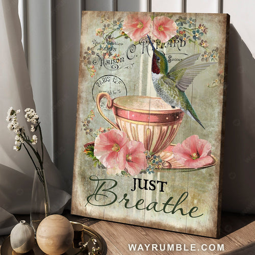 Abstract hummingbird, Tea cup, Pink flowers, Vintage drawing, Just breathe - Jesus Portrait Canvas Prints, Home Decor Wall Art