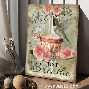 Abstract hummingbird, Tea cup, Pink flowers, Vintage drawing, Just breathe - Jesus Portrait Canvas Prints, Home Decor Wall Art