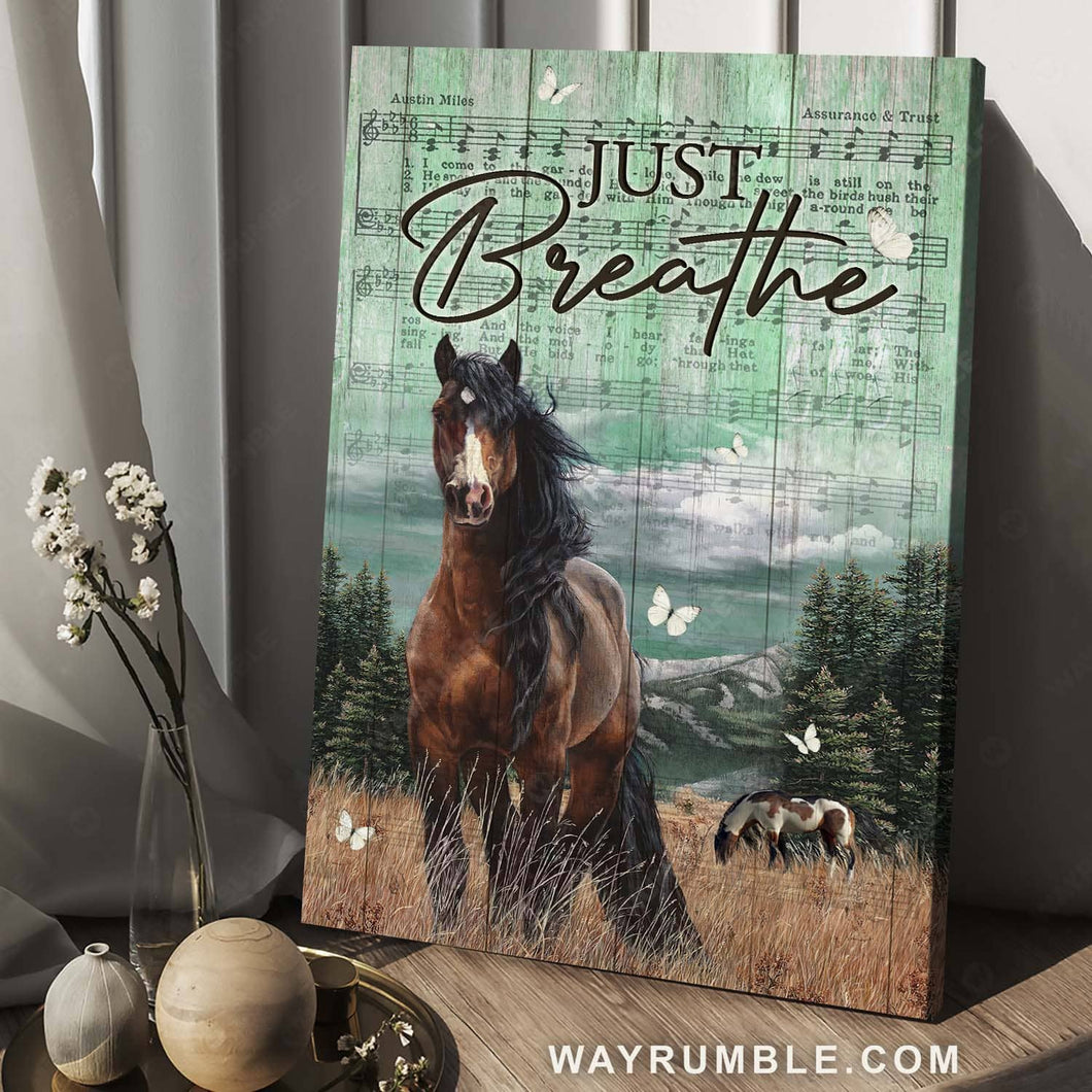 Brown Horse painting, Rustic meadow, Vintage art, White butterfly, Just breathe - Jesus Landscape Canvas Prints, Home Decor Wall Art