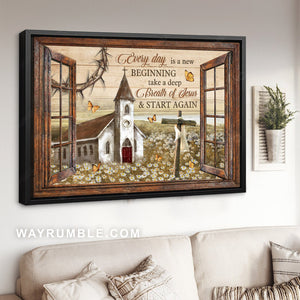 Daisy field, Old church, Monarch butterfly, Cross, Every day is a new beginning - Jesus Landscape Canvas Prints, Home Decor Wall Art