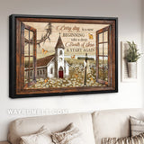 Daisy field, Old church, Monarch butterfly, Cross, Every day is a new beginning - Jesus Landscape Canvas Prints, Home Decor Wall Art