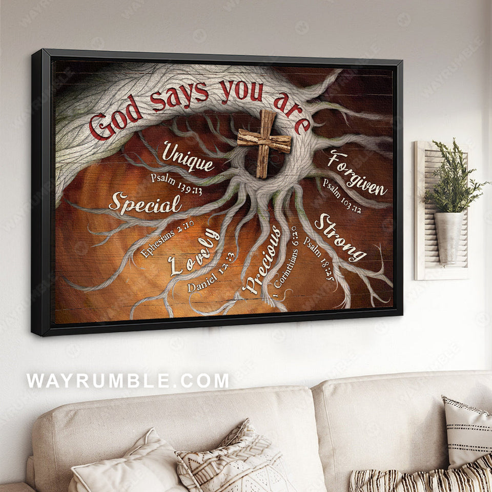Abstract tree roots, Wooden cross painting, Bible verses, God says you are - Jesus Landscape Canvas Prints, Home Decor Wall Art
