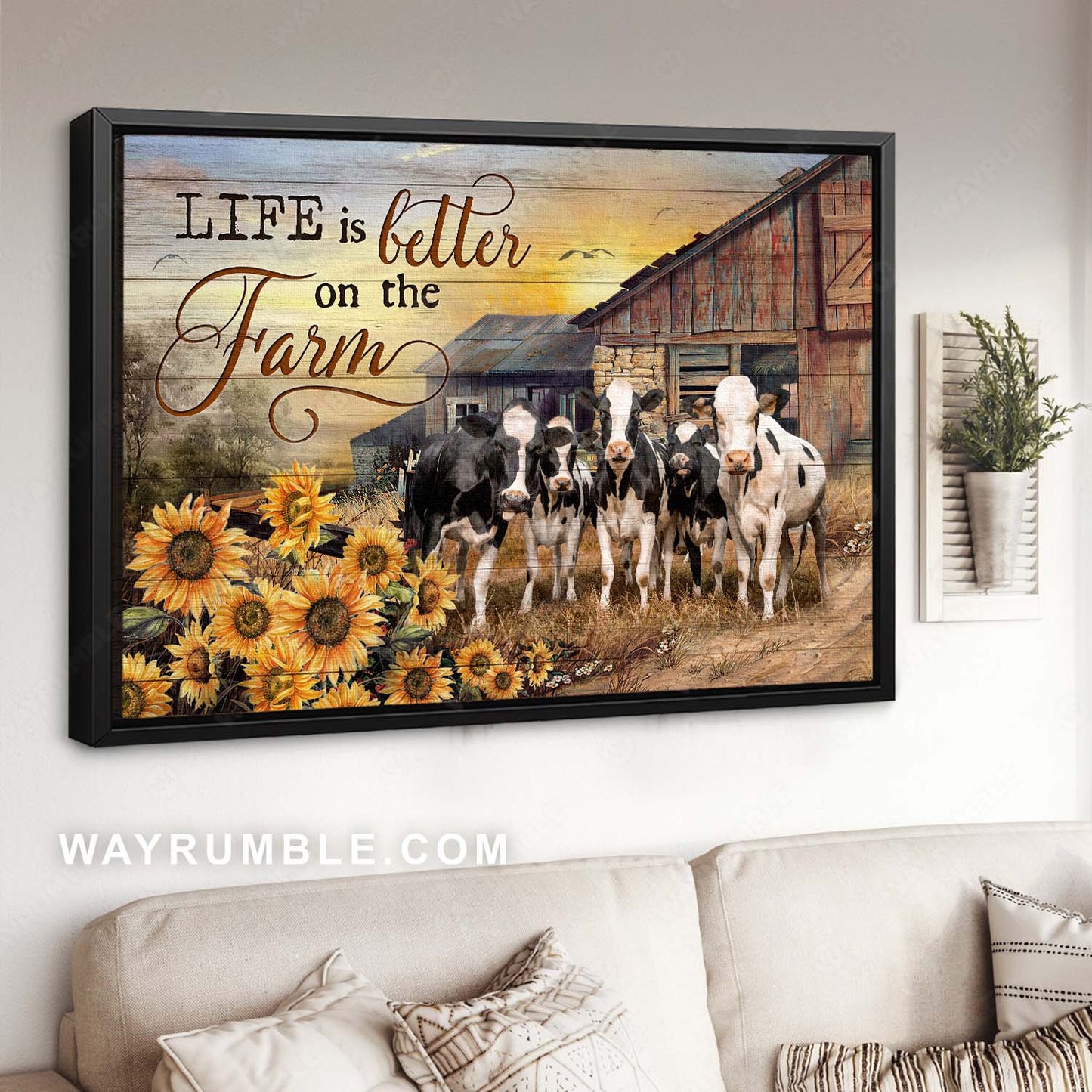 Dairy cows, Rustic farmhouse, Sunflower field, Life is better on the farm - Jesus Landscape Canvas Prints, Home Decor Wall Art
