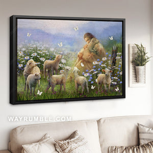 Daisy flower, Lamb of God, White butterfly, Jesus painting, God in a peaceful valley - Jesus Landscape Canvas Prints, Christian Wall Art