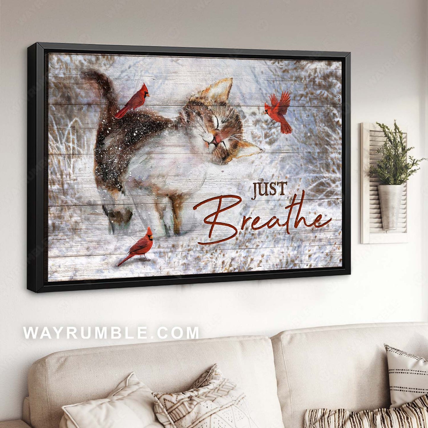 Cat painting, Lovely kitten, Red cardinal, Winter season drawing, Just breathe - Jesus Landscape Canvas Prints, Home Decor Wall Art